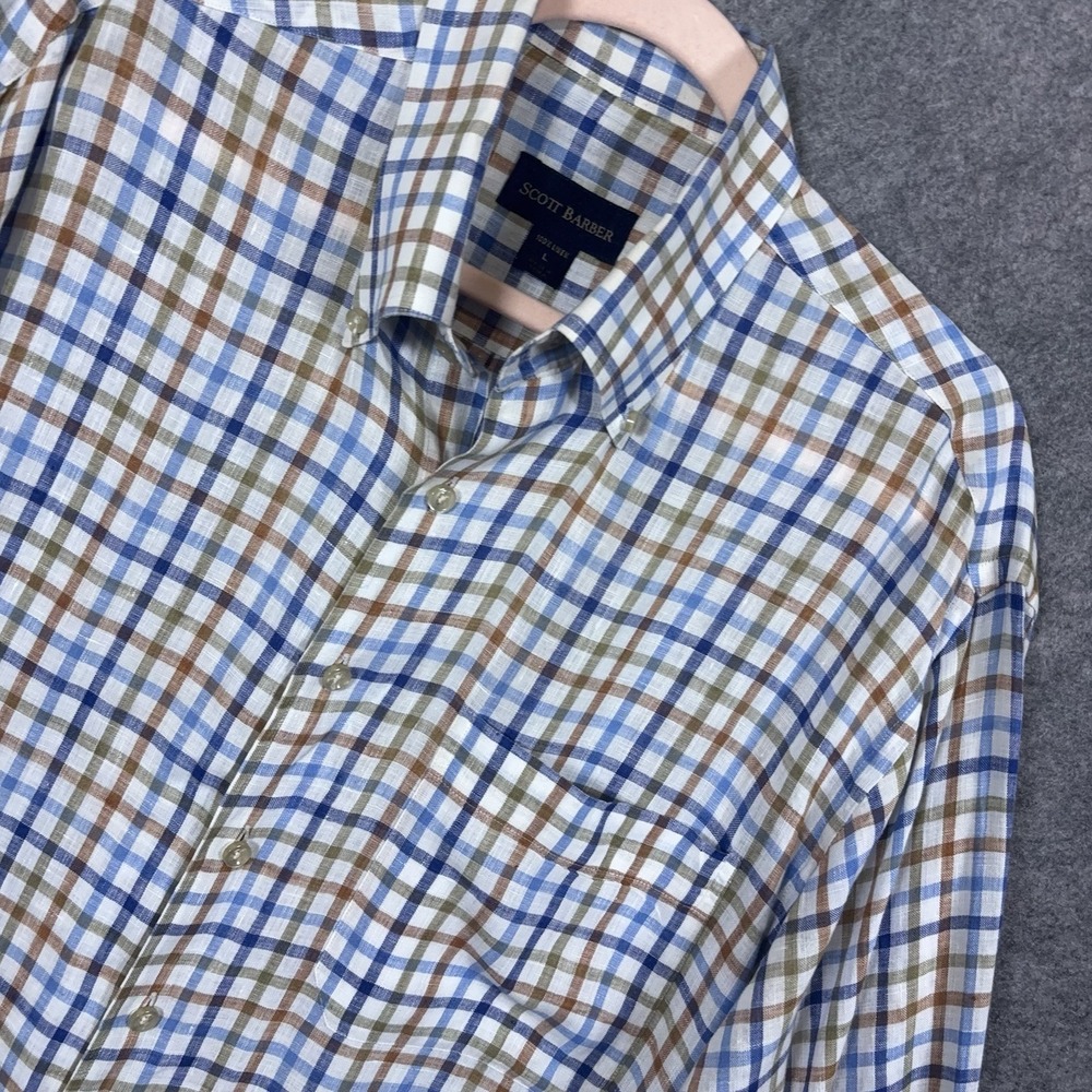 Scott Barber Linen Button Down Shirt Mens Sz L Blue Tan Plaid Pocket‎ Classic